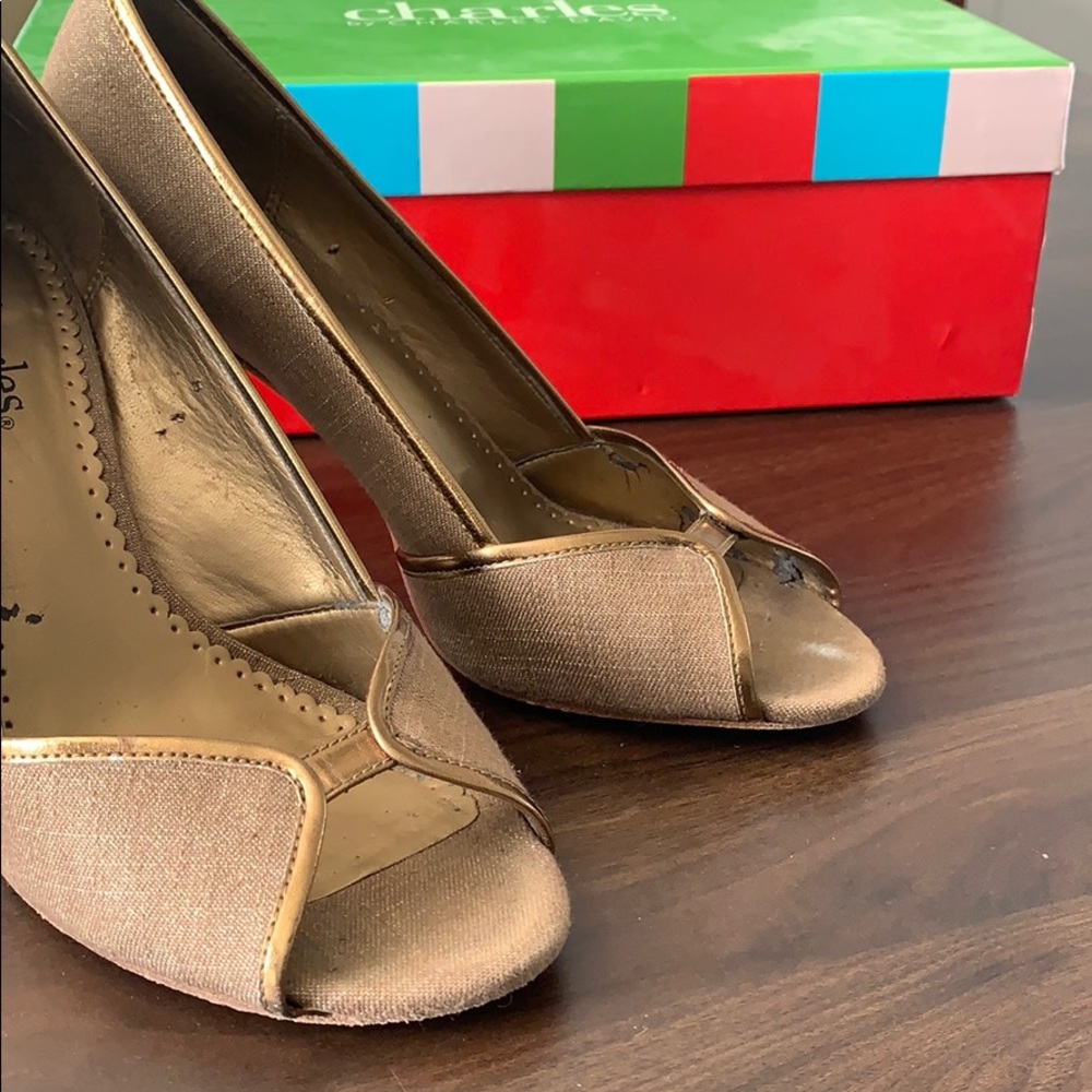 Vintage Y2K Cork heel metallic linen Charles David peep toe heels